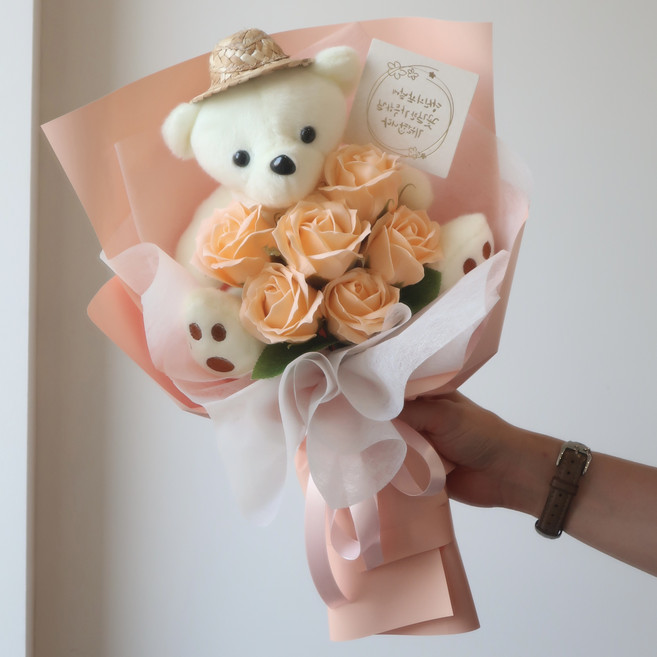 테디 곰인형 비누꽃 꽃다발 로즈데이 발렌타인데이 빼빼로데이 어린이집 유치원 졸업식 기념일 생일 프로포즈 어버이날 선물 부모님 할머니 할아버지 환갑 칠순 팔순 잔치, 밀짚-비누꽃핑크