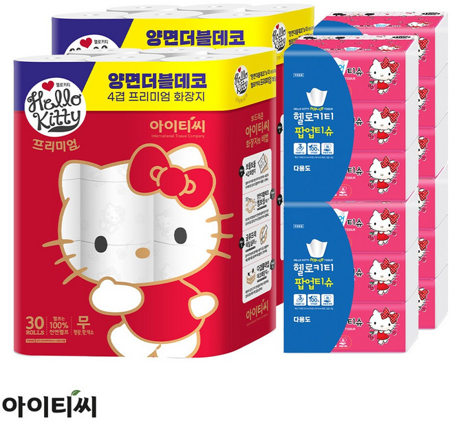 헬로키티 4겹 프리미엄 화장지 세트(프리미엄레드60롤 + 팝업티슈12팩), 1개, 1세트