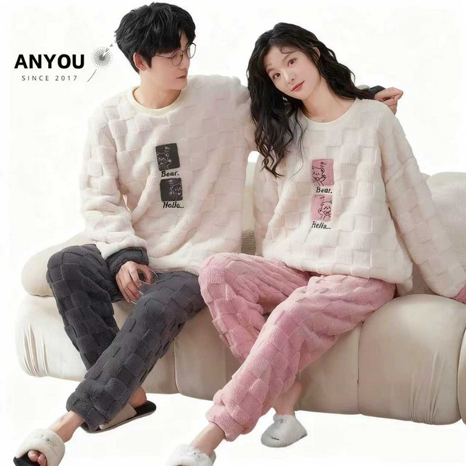 ANYOU 부드러운 커플 잠옷 기모잠옷 상하세트 신혼부부 수면잠옷