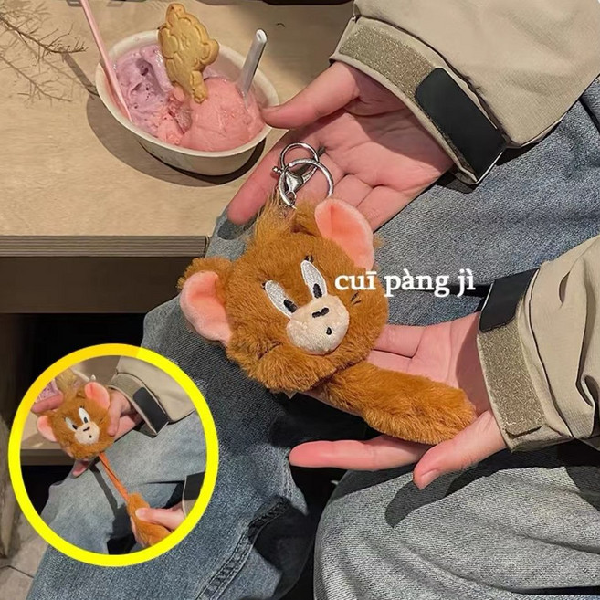 HUGKIS 貓和老鼠 拉伸震動毛絨公仔掛件, 1個, 大頭杰瑞鼠-(拉尾震動款)
