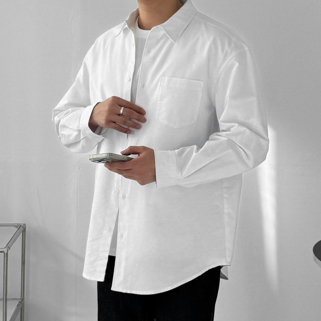 다이나믹피플 남성용 오버핏 옥스포드 긴팔 셔츠 베이직 코튼 무지 긴팔 셔츠 남방 빅사이즈 M-5XL