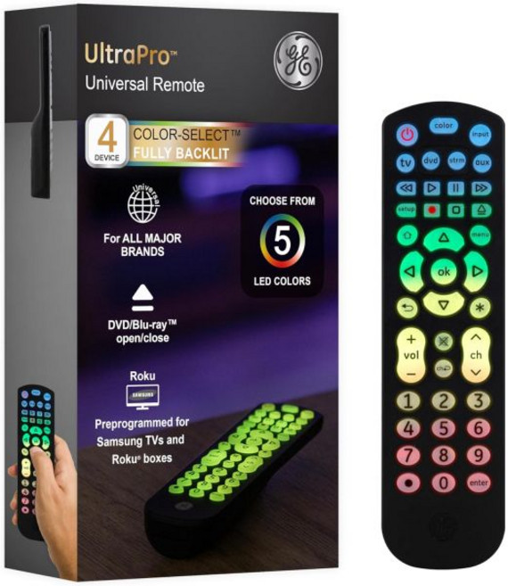 삼성 비지오 LG 소니 샤프 로쿠 애플 TV RCA 파나소닉 스마트 스트리밍 플레이어 블루레이 DVD 4-디바이스 블랙 40081 백라이트용 GE 백라이트 유니버설 리모컨, Color Select Backlit