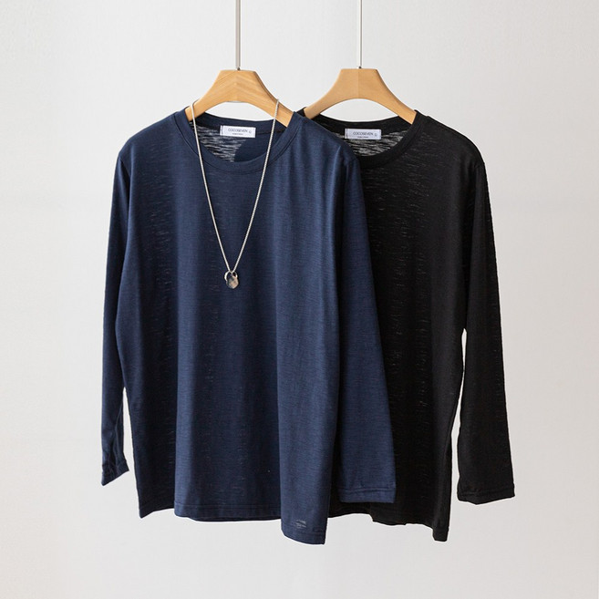 코코세븐 1+1 여성 빅사이즈 간절기 얇은 슬라브 시스루 라운드 박스 긴팔 티셔츠