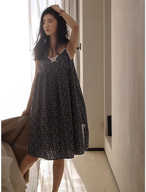 해피유통 여성 여름 섹시 슬립 스커트 플라워 실내복 세트 jhb