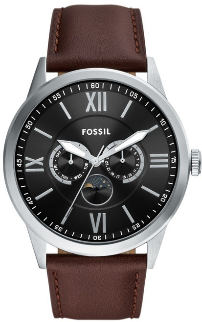 FOSSIL Flynn 日月星辰三眼紳士皮革腕錶 BQM7086
