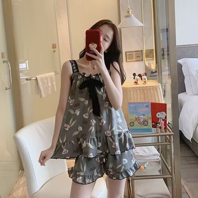 吊帶睡衣 可愛卡通圖案家居服套裝
