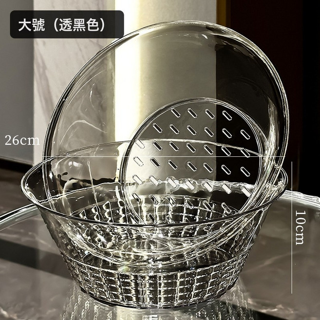 DFMEI 雙層加厚瀝水籃廚房家用清洗濾水二合一加厚果盤淘菜籃水果果盤盆, 1個, 9335大號瀝水籃兩件套(透黑色BK):如圖