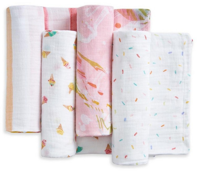 Aden + anais Essentials 면 모슬린 포대기 통기성 있는 아기 담요 남아 여아 신생아 및 에게 이상적 속싸개 부드럽고 가벼운 랩 4팩 알파벳 동, 아이스크림 드림