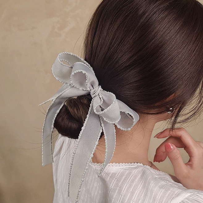 팝콘레이스 9컬러 볼륨 빅 리본 디테일 롱 반묶음 머리핀 헤어핀