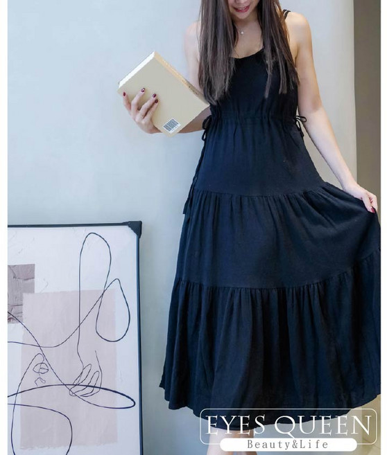 EYES QUEEN 細肩帶洋裝 抓皺荷葉邊連身裙 繫帶設計, 黑色