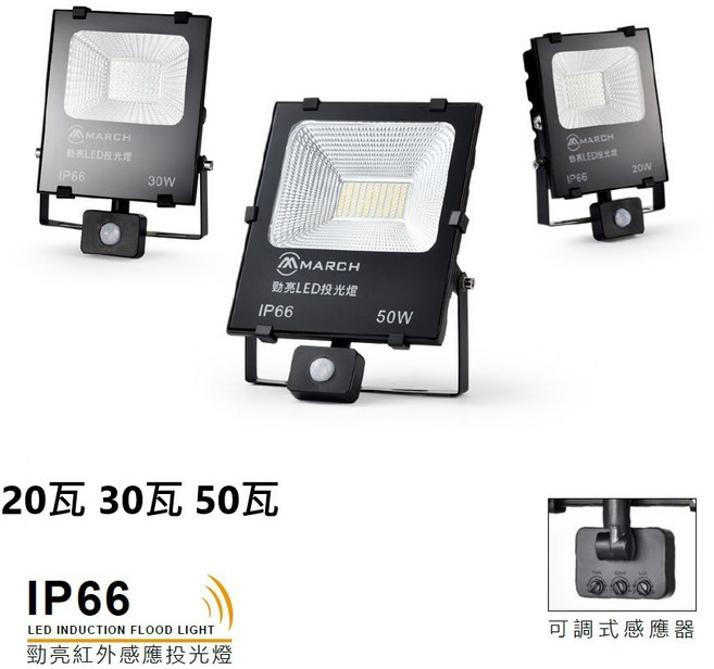 LED紅外線感應投光燈 IP66 戶外防水, 1個, 20W,白光