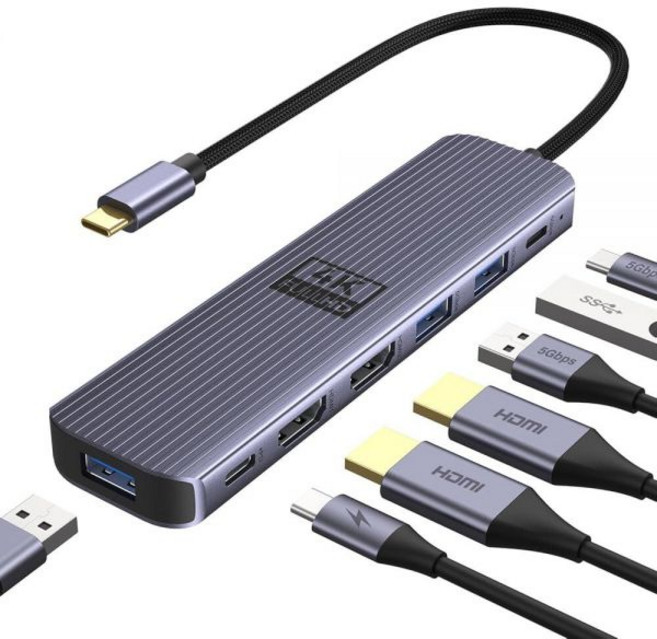 USB C - 듀얼 HDMI 어댑터 Newmight 7-in-1 USB-C 도킹 스테이션 모니터 멀티포트 동글 4K 60HZ 2개 3.0 3개 USBC 데이터 포트 맥, USB C - 듀얼 HDMI 어댑터, Newmight