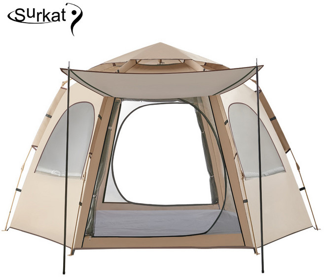 Surkat 원터치텐트 블랙코팅 자외선차단 육각형 텐트 실버코팅 캠핑그늘막텐트, 골드, 3-4인용
