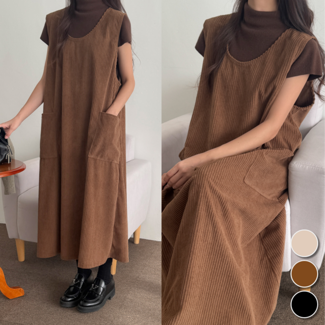핏몬 여성 루즈핏 코듀로이 골덴 멜빵 조끼 원피스 55~77