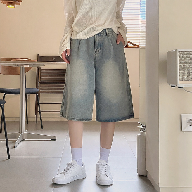 잇진 여성 와이드 5부 버뮤다 핀턱 워싱 데님 팬츠 청반바지