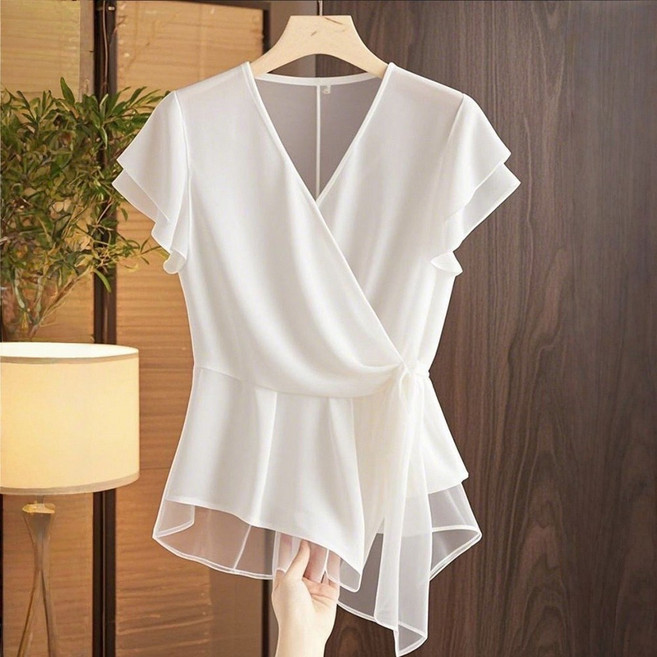 로르카 여성 브이넥 프릴 소매 허리리본 패션 우아한 반팔 블라우스 K0031302