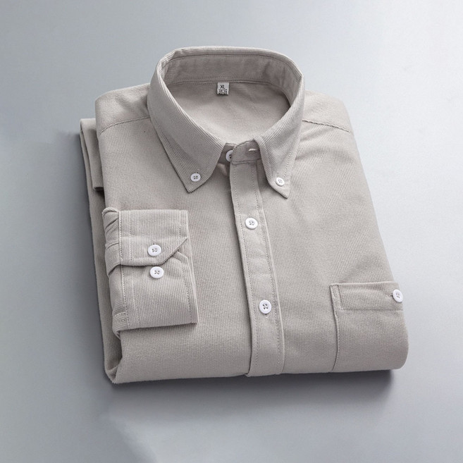 ROYALBELLE 남성 코듀로이 순색 카라넥 버튼 포켓 긴팔 캐주얼 셔츠 S012806