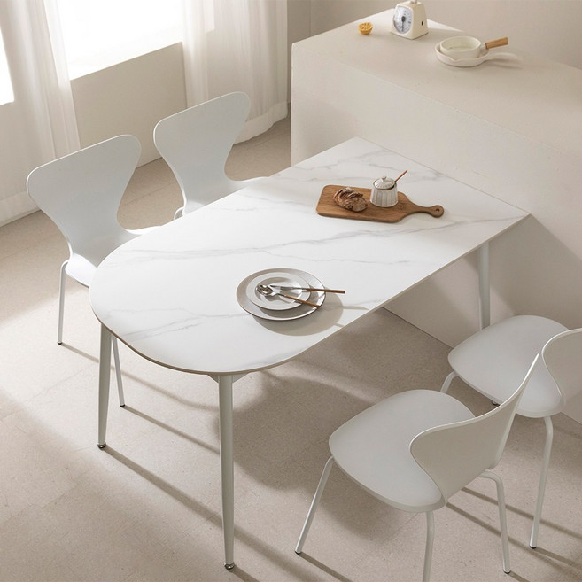 베일리 4인용 반타원형 세라믹식탁 1400, 화이트프레임, 플레인화이트