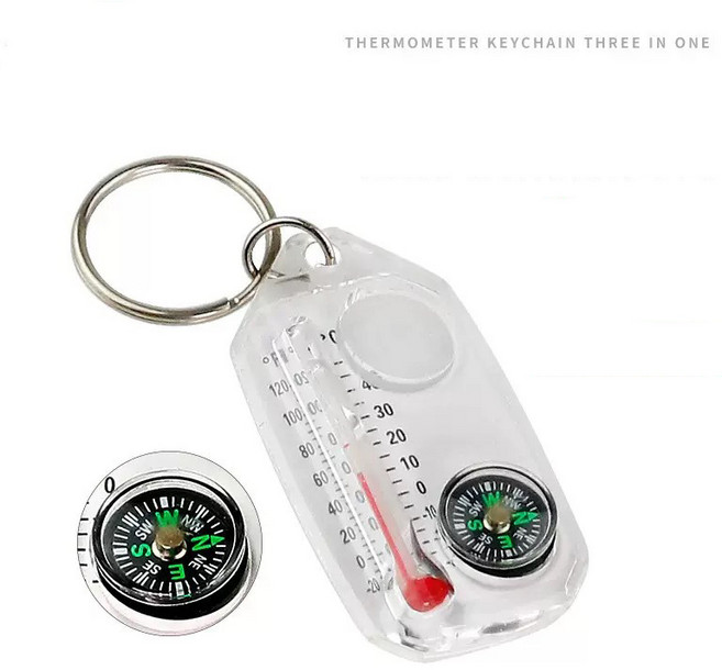 가자코리아 등산 캠핑 백패킹 미니 나침반 돋보기 휴대용 열쇠고리 온도계 키링, 화이트, 1개