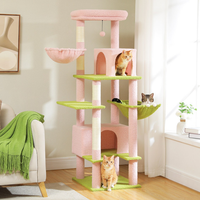 PAWZ Road 7단 대형 다색 패브릭 캣타워170cm 선인장 조형 숨숨집 2개+해먹+답 라운지, 1개, 핑크