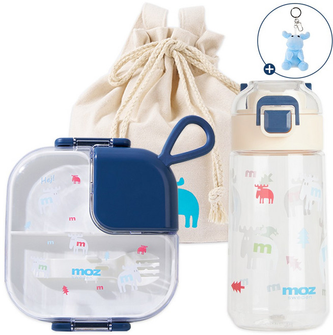 MOZ 스웨덴 키즈 트라이탄 물병 도시락통 도시락 가방 SET 키링 증정, 1개, 480ml, 아쿠아블루 세트