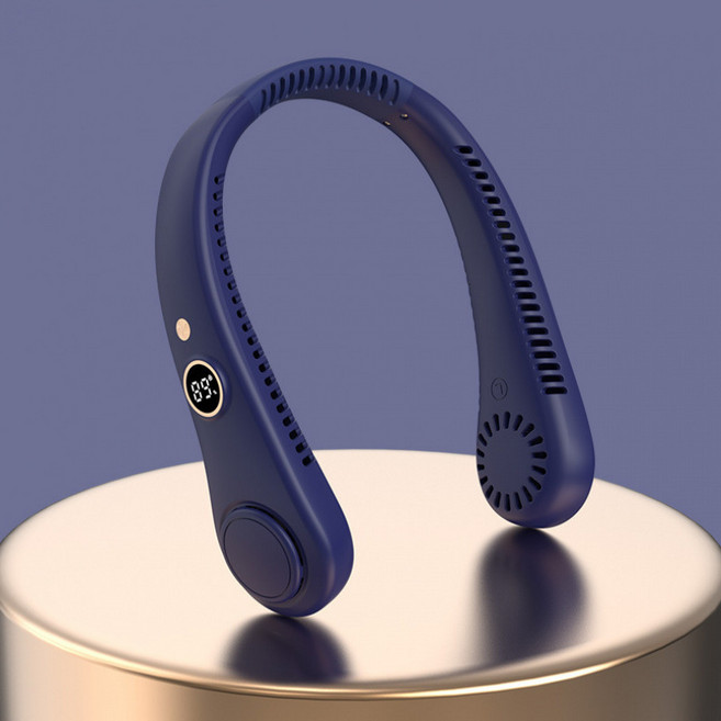 DIU 新款無葉掛脖風扇USB充電便攜式戶外運動數顯款可調節小風扇, R8-1200mah(中英文包裝), 藏青色