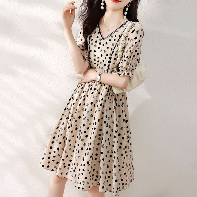 ORZQU 여름 여성 허리 조임 브이넥 프린트 스커트 도트 통근 분위기 원피스