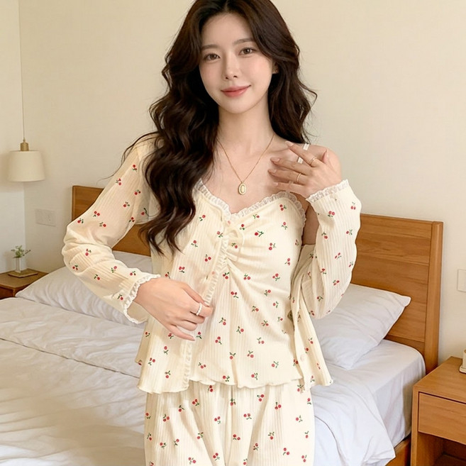 Novah 예쁜 여성 파자마 세트 캡내장 수면 잠옷 긴바지 가디건 나시