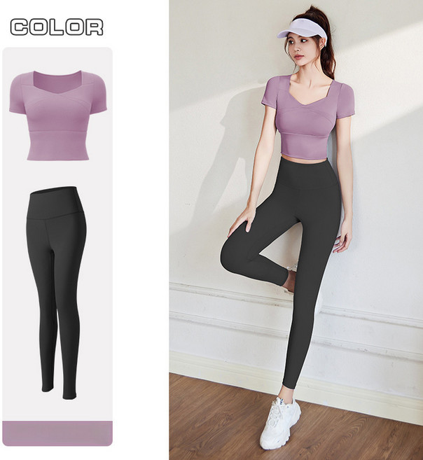 스타일닥터 여성 요가복 세트 반팔 V넥 크롭탑+하이웨이스트 슬림핏 레깅스 필라테스복 헬스 조깅 운동복(부라탑+티)