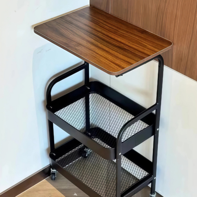 360도 회전 휠 테이블 탑 이동식 수납카트, 테이블탑 블랙, 3단