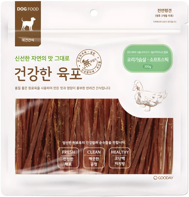 굿데이 건강한육포 소프트 스틱 강아지 간식, 오리가슴살 소프트스틱, 300g, 1개 - 쿠팡