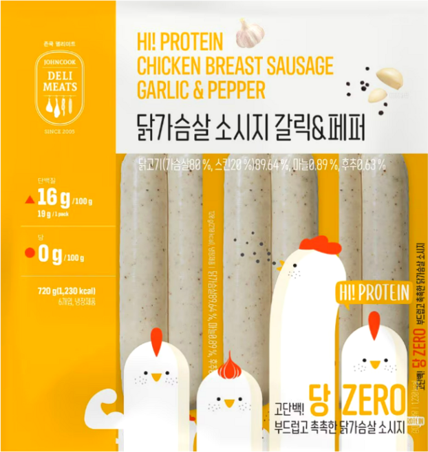 존쿡 델리미트 닭가슴살 소시지 갈릭 & 페퍼, 6개, 120g