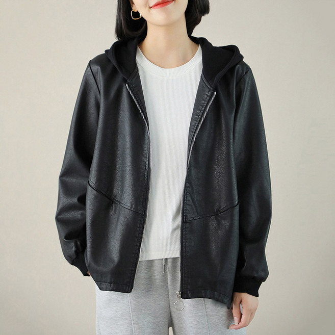 지디오 여성 가죽 자켓 후드 긴팔 숏 점퍼