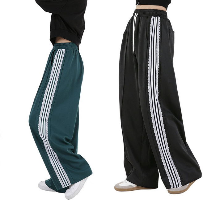 오버나인 여자 여성 밴딩 사이드 트랙 레이스 와이드 트레이닝 바지 롱팬츠