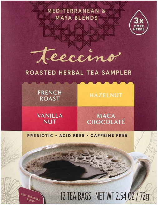 Teeccino 로스티드 허브 티 샘플러 4가지 향 카페인 무함유 티백 12개입 72g(2.54oz), Teeccino로스티드허브티샘플러4가지향카페인무함유티백, 1개