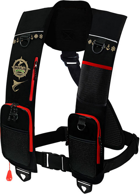 피쉬클럽 블랙마린 2포켓 자동팽창식 구명조끼 KC FREE 국내생산 수분감지 바다낚시, 블랙