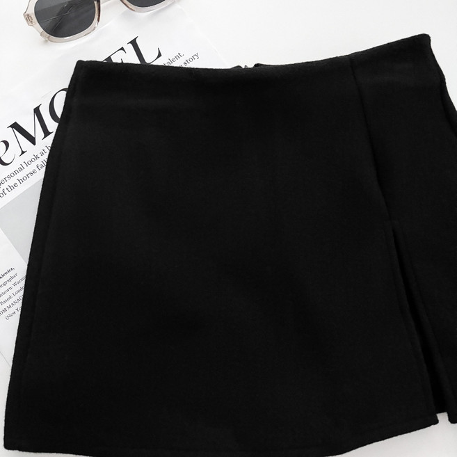 高級感開叉毛呢高腰短裙 褲裙 毛呢半身裙 黑色 小個子 冬天裙子
