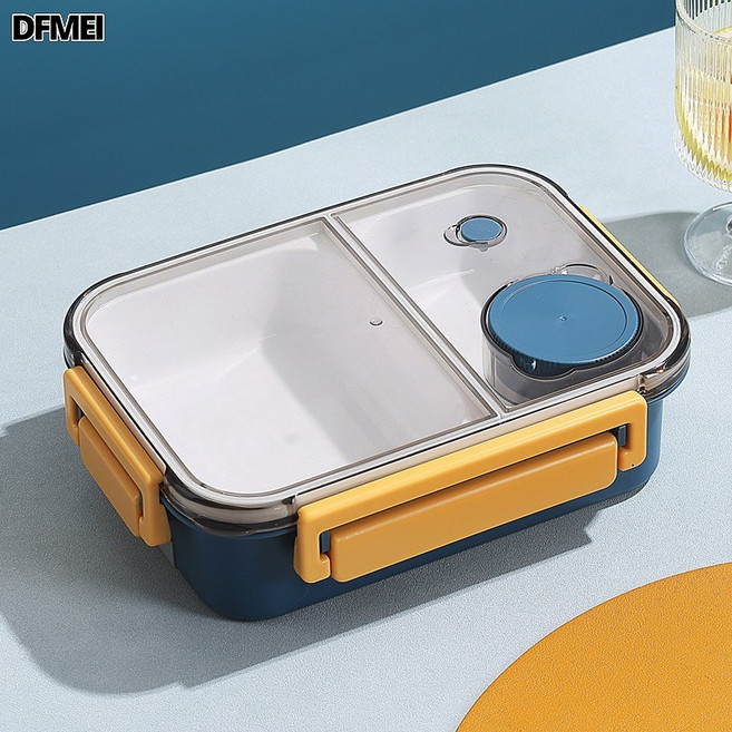 DFMEI 850ML分格飯盒304不鏽鋼塑料便當盒配叉勺醬料盒密封上班族午餐盒, 1個, HT0021567-850ML 二分格PP款【藍色】:參考詳情