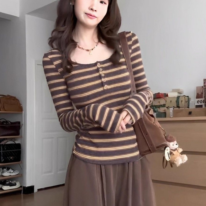 COSYEVNO 여성 봄가을 스트라이프 헨리넥 슬림핏 긴팔 티셔츠 TZKcxtx-9