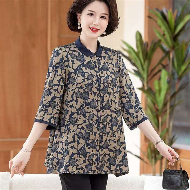 MOSAIRATION 엄마 셔츠 기질 여름 날씬해 보이는 칠부 프린트 상의 빅사이즈 신중식 X250407Z
