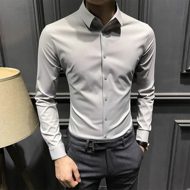 韓版新品感設計無痕襯衫男襯衫條紋秋季修身襯衣休閒商務男裝免燙
