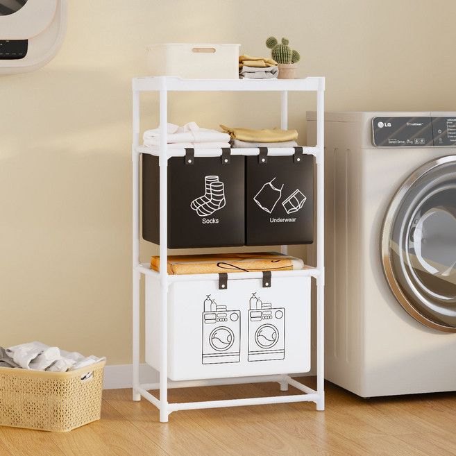 픽존 3단 이동식 분리수납 접이식 빨래바구니, 화이트
