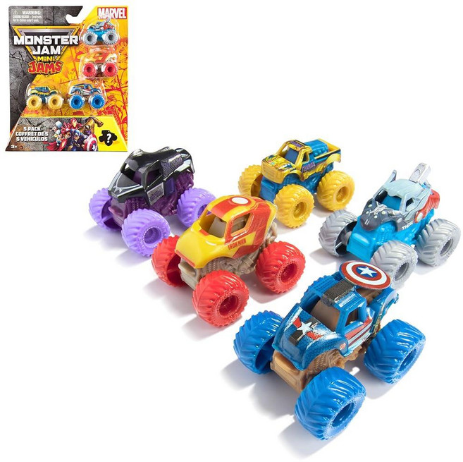 정품++ Monster Jam 몬스터잼 마블 공식 미니 5팩 미스터리 수집용 몬스터 트럭 포함 1:87 스케일 이상 및 서프라이즈, 정품++ Monster Jam 몬스터잼 , 마블 공식