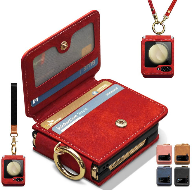 Z플립 7 6 5 4 3 손목 어깨 스트랩 핑거 링 카드3장 수납 힌지보호 지갑형 갤럭시 제트 플립 카드 수납 PU 가죽 폰케이스 휴대폰 정품 삼성 핸드폰 케이스 제이콥스타일