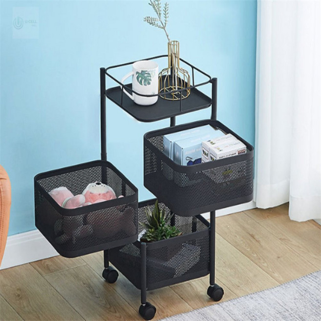 유쎌쇼핑몰 철제 3단 회전 트롤리(블랙) 미용실트롤리 청소용카트