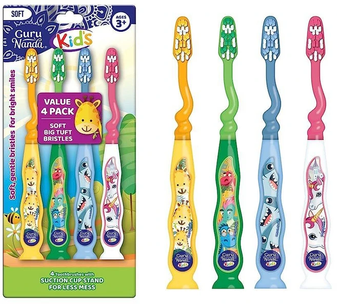 GuruNanda 흡착 컵 및 재미있는 동물 디자인이 있는 아동용 칫솔 - 건강한 잇몸을 위한 부드러운 칫솔모 미끄럽지 않고 지저분해지지 않는 칫솔 만 3세 이상 4개입, 흡착 컵 칫솔 - 쿠팡