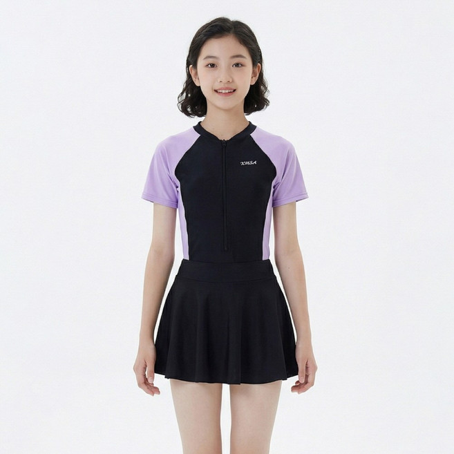 지디오 주니어 여아 수영복 투피스 세트 집업 점프슈트 래쉬가드 플리츠 스커트 여름 비치웨어, 퍼플