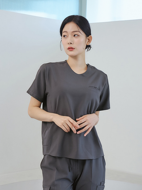 여성 크루넥 사이드포켓 스크럽 티셔츠 그레이(ET-103W-2) 의사가운 약사가운 간호사복 간호복 수술복 간호사유니폼 병원가운 대학생 실습용가운 실험복 스크럽복 병원유니폼