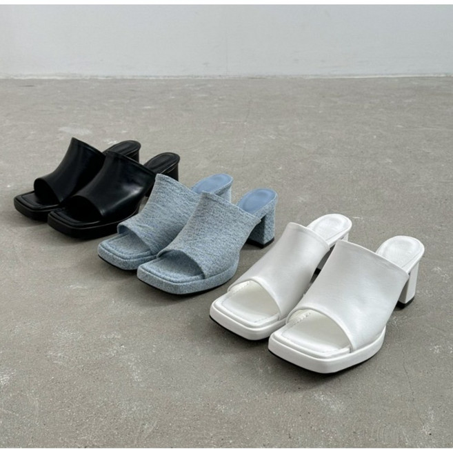 오픈토 데님 가보시 통굽 뮬 슬리퍼힐 7cm