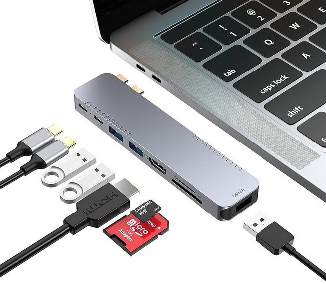 BHHB 맥북 프로 에어 도킹 스테이션 8-in-2용 USB C 허브 어댑터 액세서리 동글 4K@30Hz HDMI 썬더볼트 4/3 3.0 SD/TF USBC 도크 멀티포, Silvery